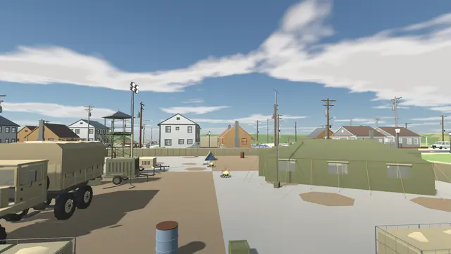 A fenced military camp with trucks, tents and a watchtower among suburban houses.