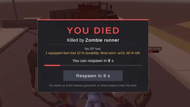 A 'You died' panel: killed by Zombie runner, one equipped item lost 10% durability.
