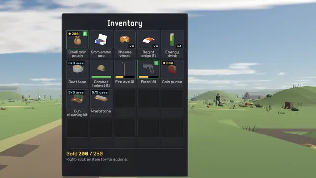The inventory: a coin purse with 300 gold, duct tape, a whetstone, a gun cleaning kit, food and a pistol.