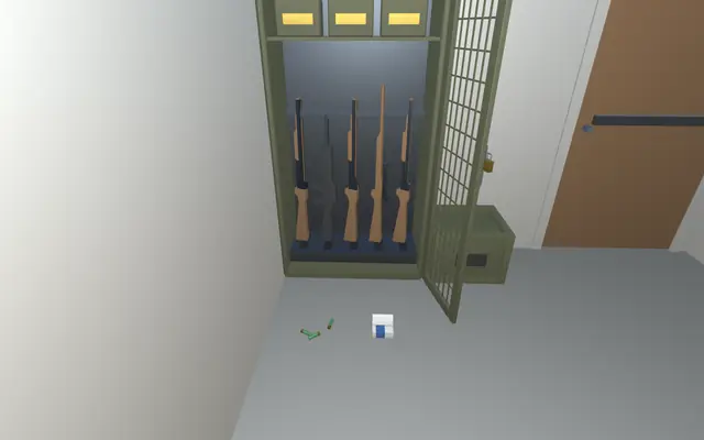 An open gun locker with rifles, ammunition on the floor in front of it.