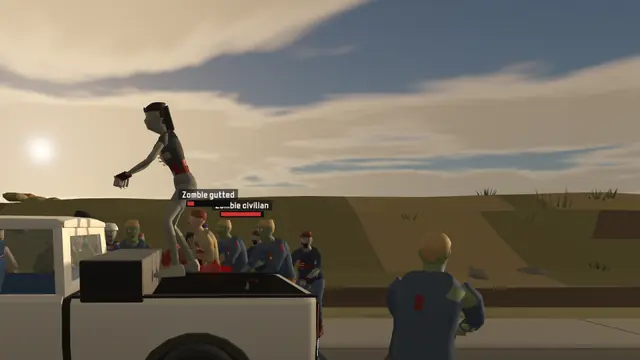 Zombies crowd around a white pickup truck on a road at dusk.